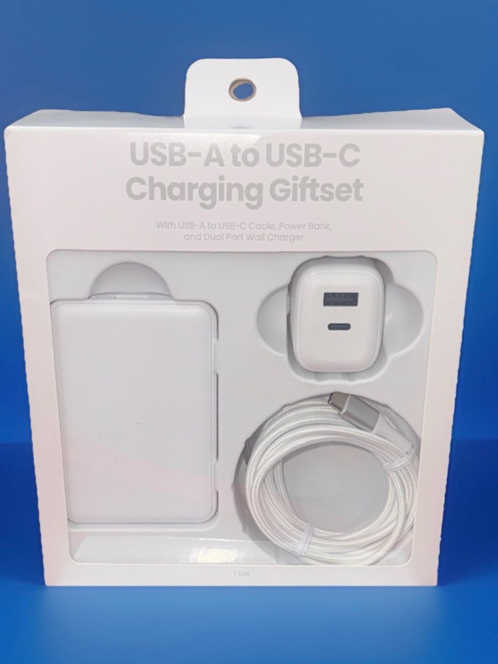 White Charging Giftset
Power Bank Portable Charger 
Wall Charger
USB-A to USB-C